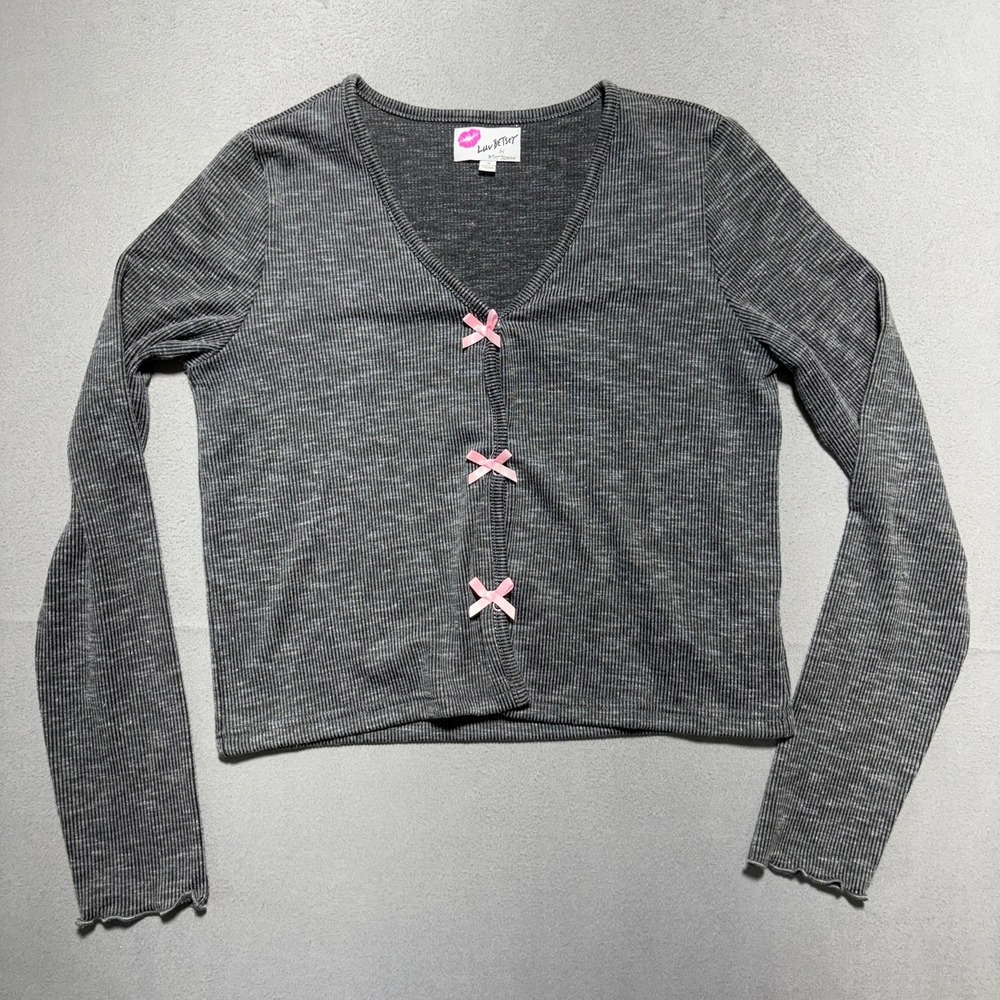 Luv Betsey by Betsey Johnson Gray Ribbed Pink Bow Long Sleeve Top Size 18 Small